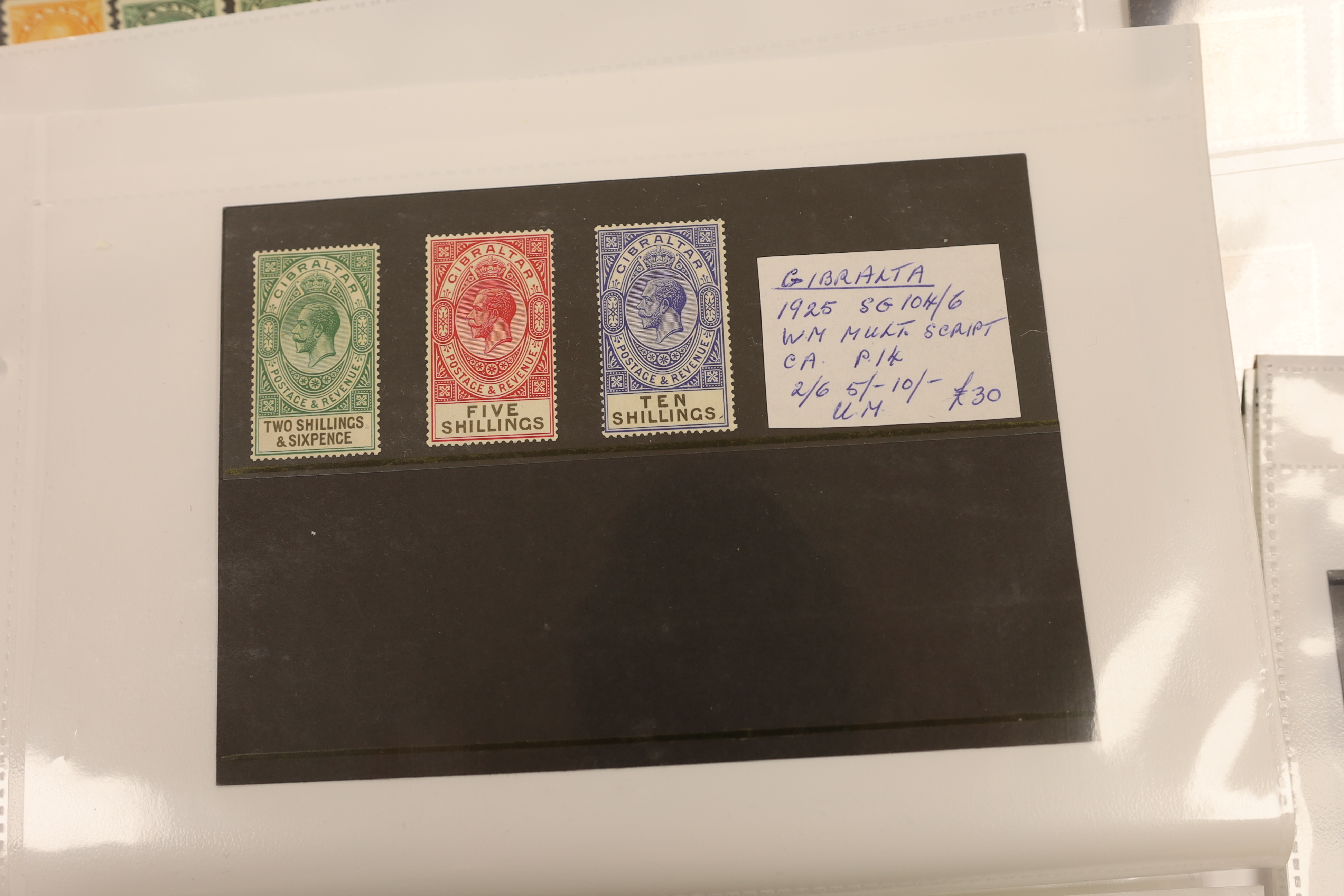 A selection of stamps including Canada 1897 Jubilee $1, Cyprus 1894 set, 1912 set, 1928 Anniversary set, 1924-28 to £1, Gibraltar 1886 set, 1925 £1(2), 1912 to £1, etc.